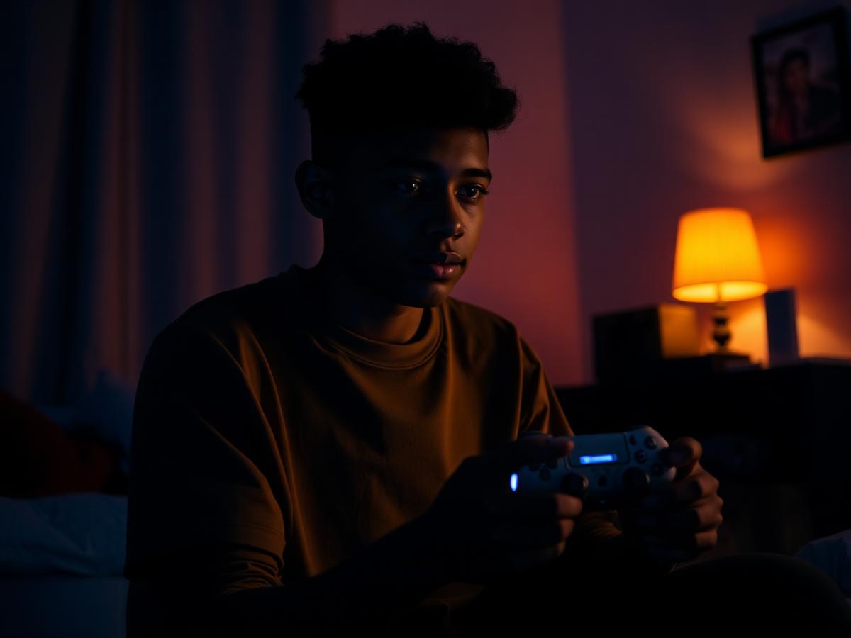 A game controller set down on a wooden table beside an empty cup and an open notebook in afternoon light