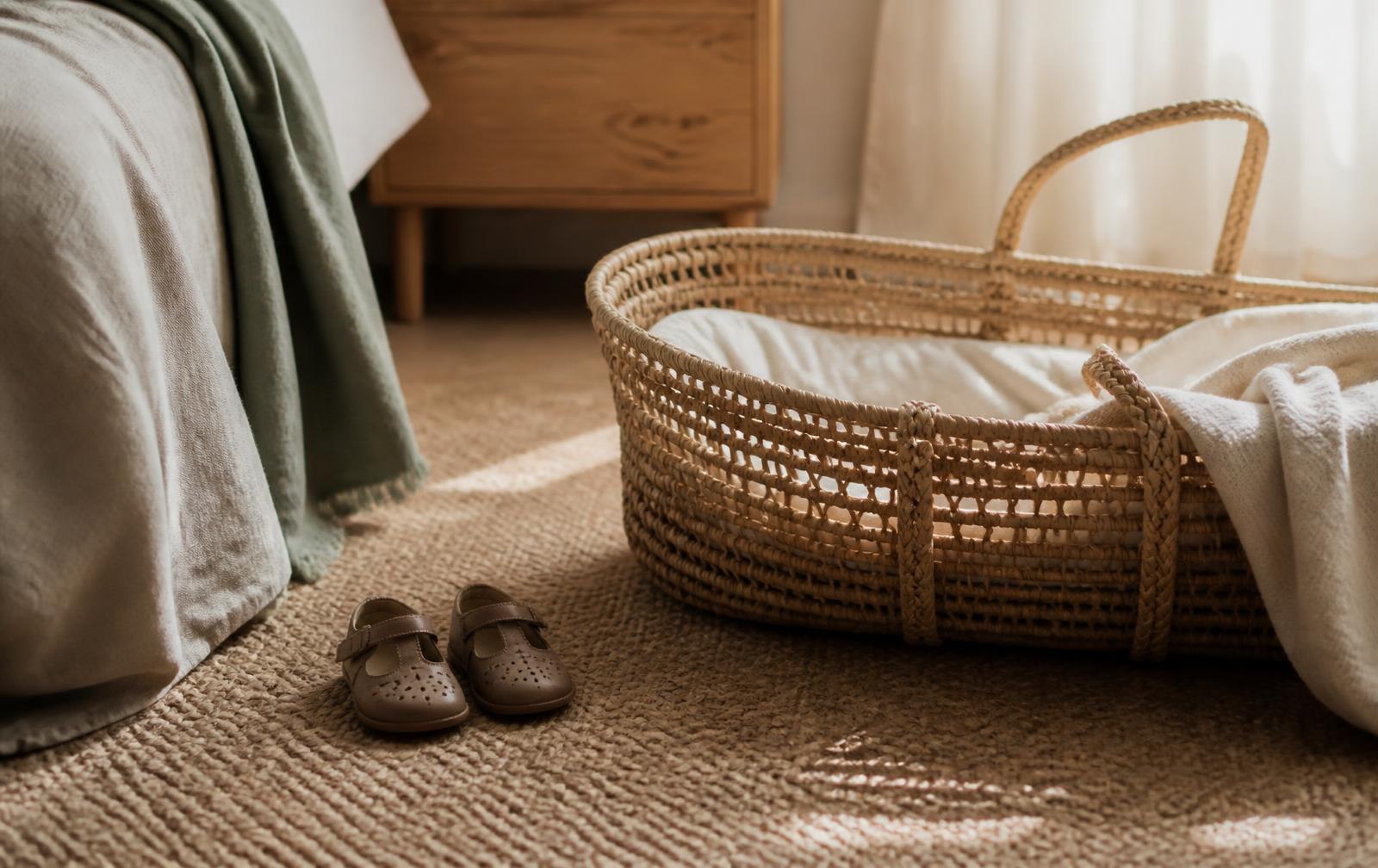 An older sibling's small shoes beside a newborn's woven bassinet in a sunlit bedroom