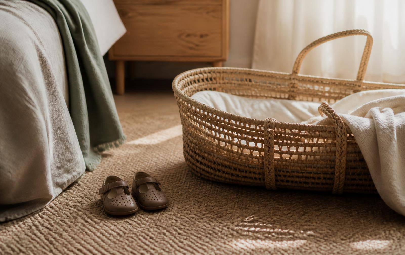 An older sibling's small shoes beside a newborn's woven bassinet in a sunlit bedroom