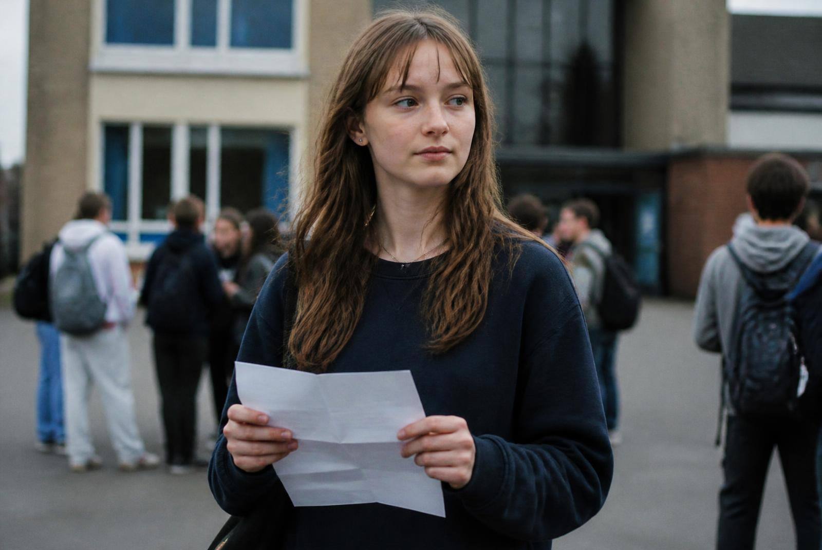 A teenage girl standing outside a school building holding a folded results letter