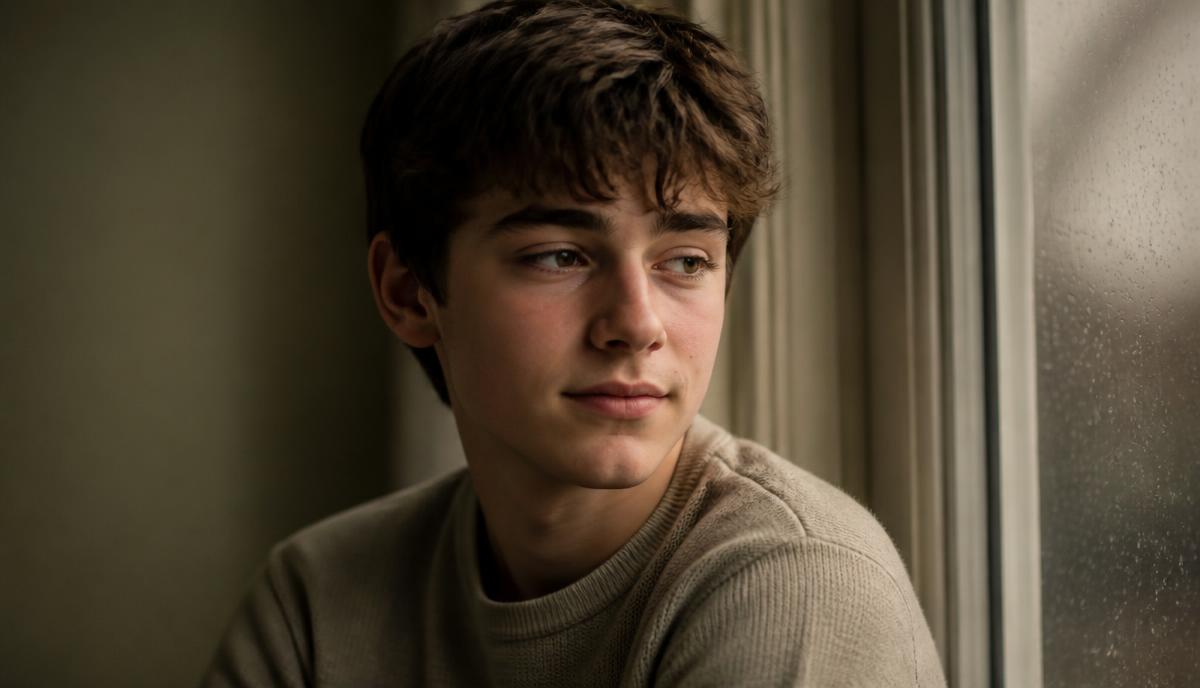 A 15-year-old teenager sitting by a rain-streaked window, looking away with a faint polite smile and a guarded expression, in soft editorial light