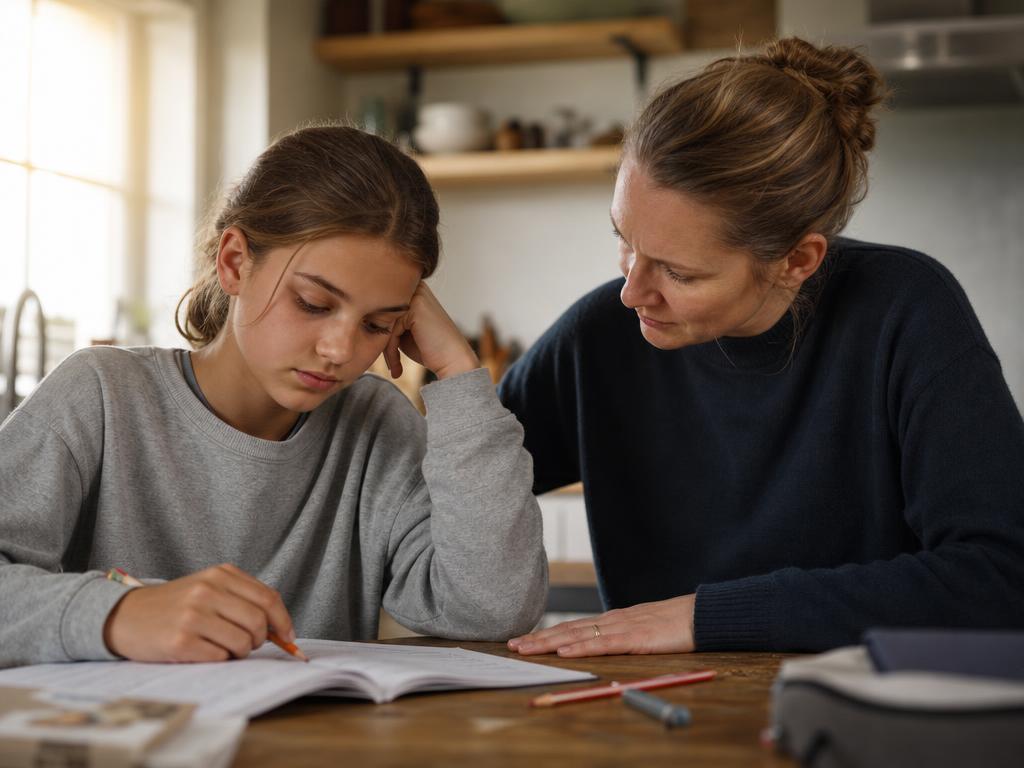 Documentary photograph: a discouraged tween resting their head on their hand over schoolwork as a parent leans in gently