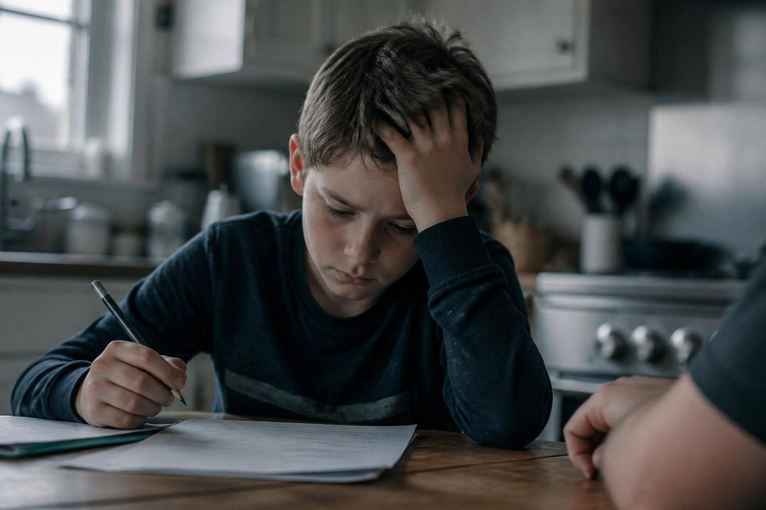 Documentary photograph: a discouraged tween resting their head on their hand over schoolwork as a parent leans in gently