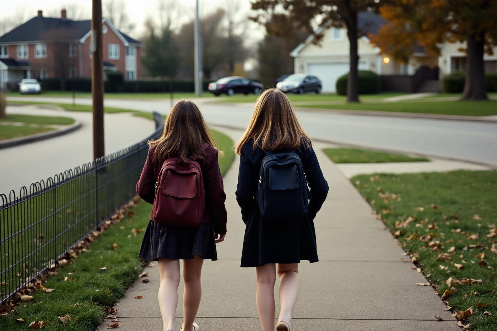 Two twelve-year-old girls walking home from school together on a suburban pavement, one glancing back, late afternoon light