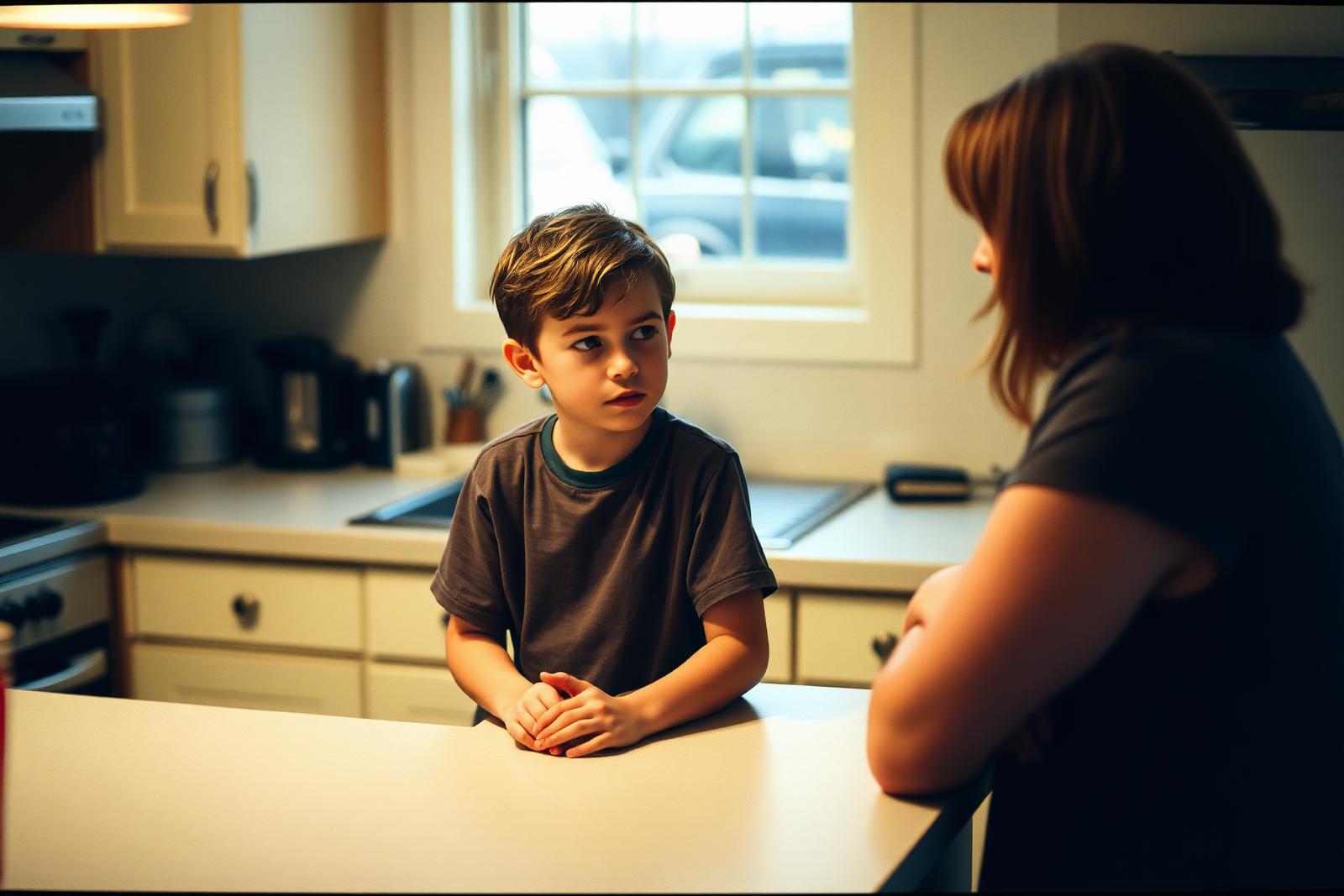 A parent and a nine-year-old boy talking at a kitchen island, calm expressions, afternoon light through the window