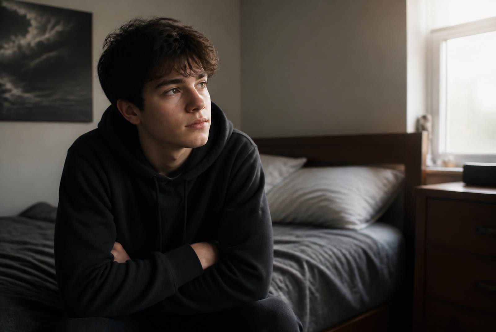 A teenager in a hoodie sitting on the edge of a bed, arms folded, looking towards a window in soft daylight