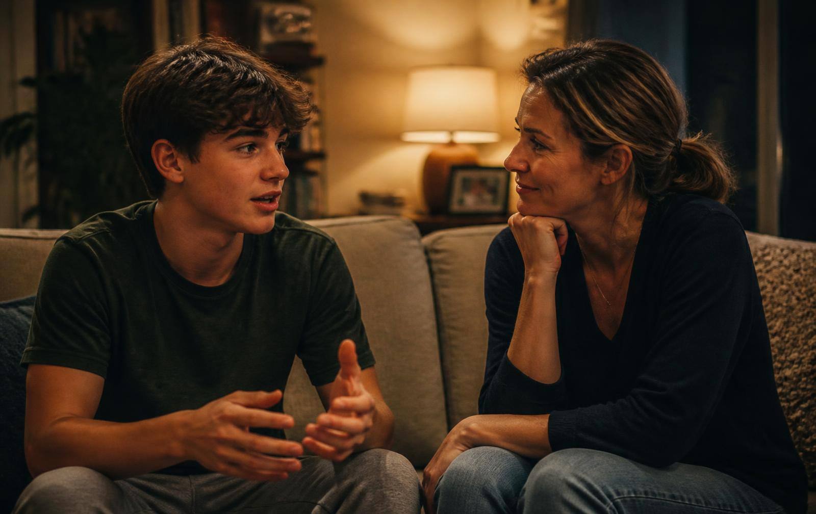 A seventeen-year-old and a parent sitting together on a sofa in warm lamplight, talking closely