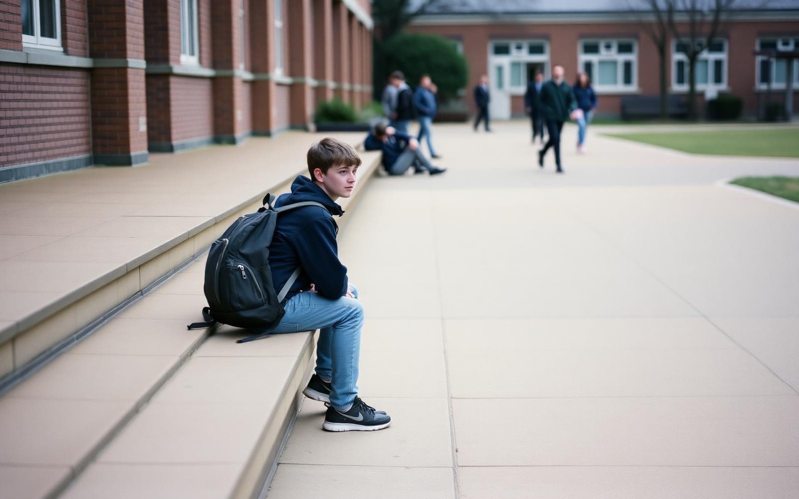A sixteen-year-old sitting alone on outdoor school steps with a rucksack, other students blurred in the distance