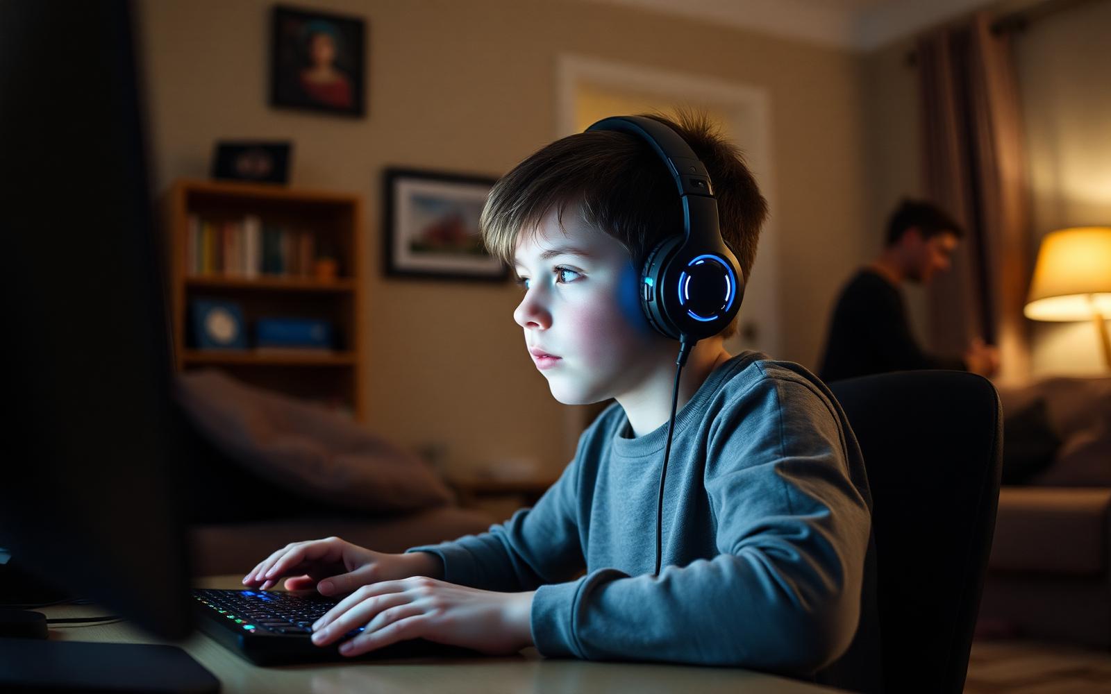 An eleven-year-old boy wearing a gaming headset at a desk in a family living room, screen glow on his face, a parent out of focus behind