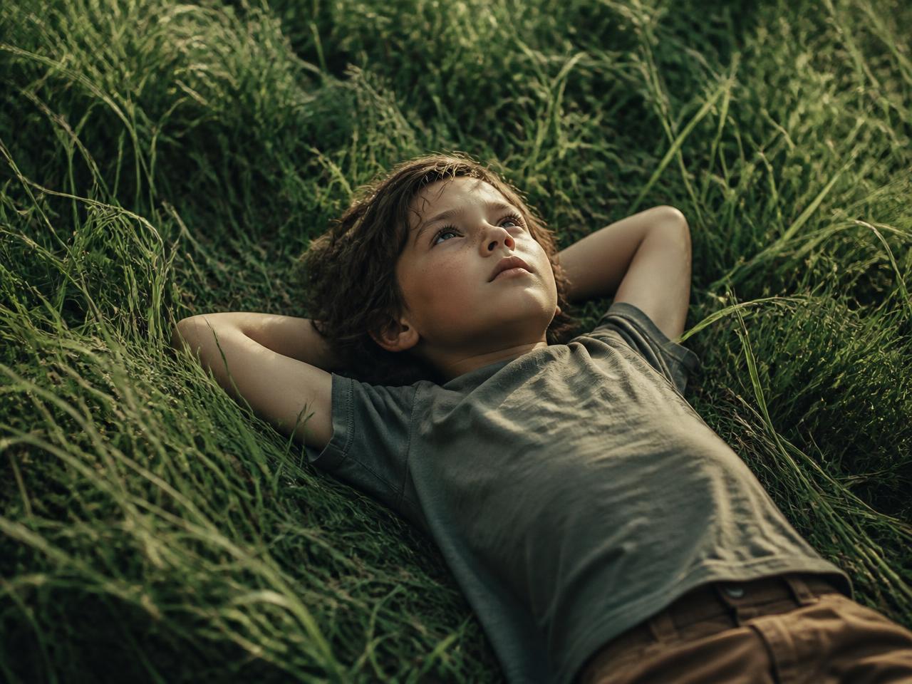 A school-age child lying in long grass with hands behind their head, looking up at the sky