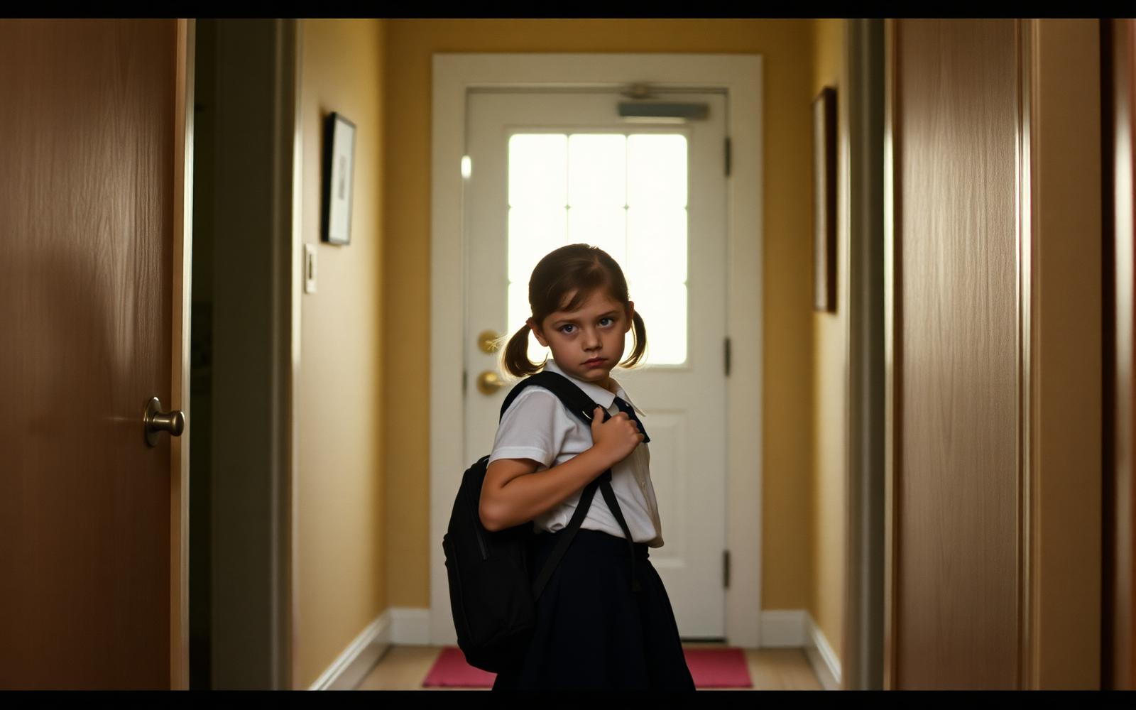 A ten-year-old girl in school uniform dropping her backpack just inside the front door, shoulders loosening