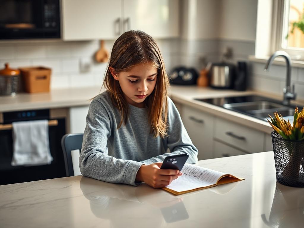 Editorial photograph: teen-14 sitting at a kitchen counter with a phone face-down beside a handwritten list in modern kitchen