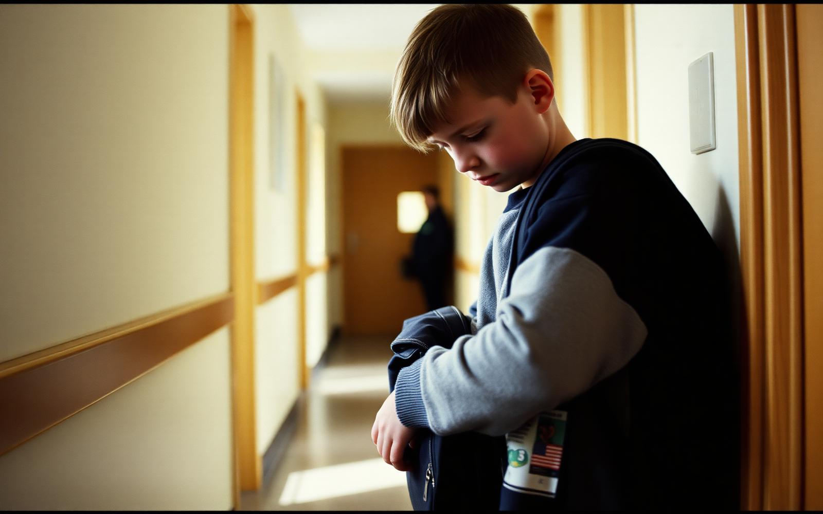 A ten-year-old boy searching through a cluttered school bag in a school corridor, jumper half on