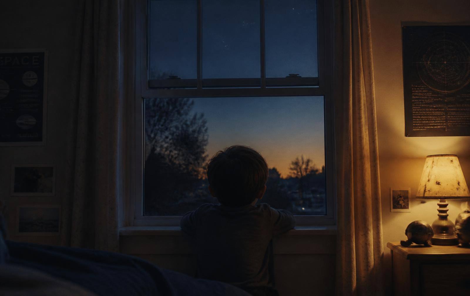 A child seen from behind at a bedroom window at dusk, faint stars beyond the glass