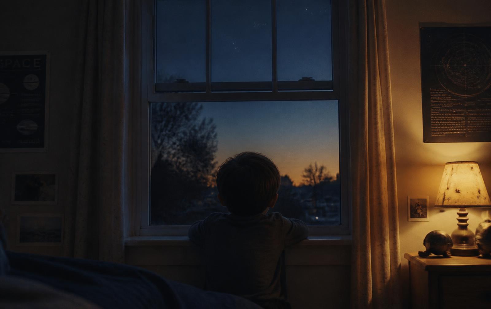 A child seen from behind at a bedroom window at dusk, faint stars beyond the glass