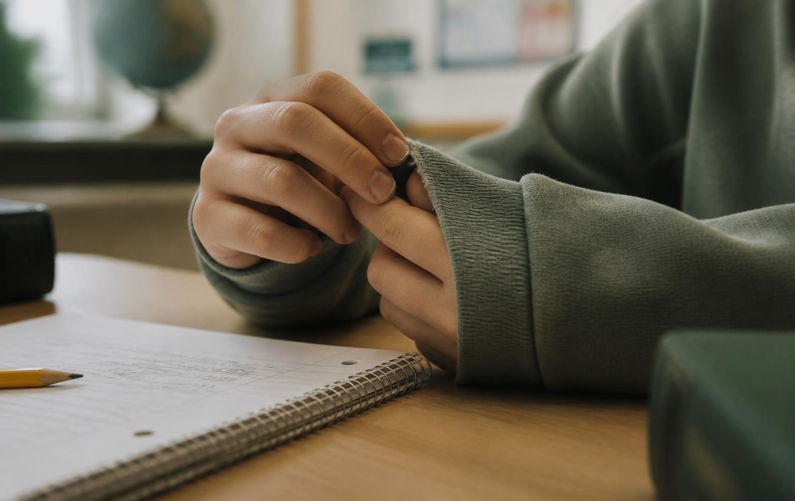 A child's hands worrying at a jumper cuff on a school desk beside a notebook